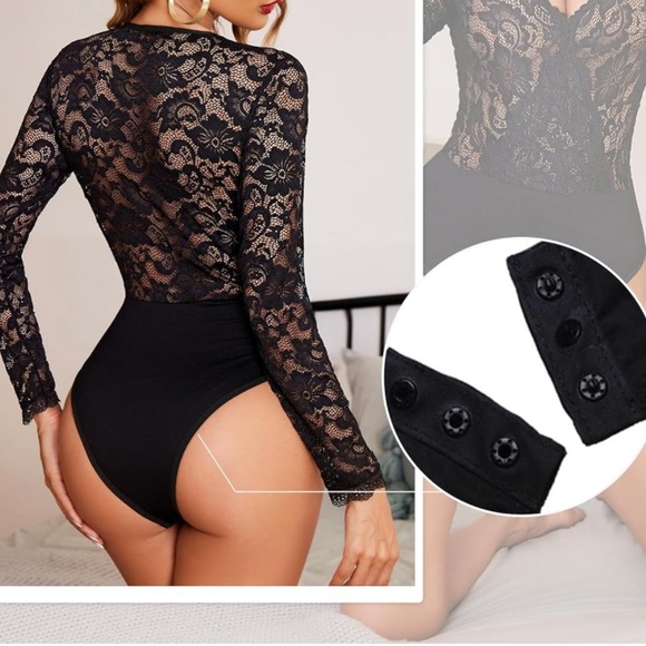 Deep V Long Sleeve Lace Body Suit Tops with Snap Crotch - Picture 2 of 3